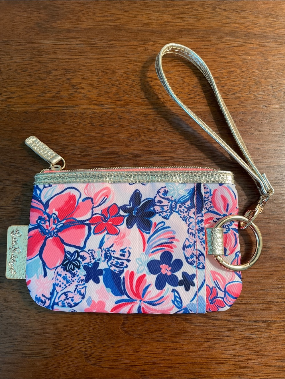 Lilly Pulitzer Floral Wristlet Clutch- Pink & Blue with Gold Trim